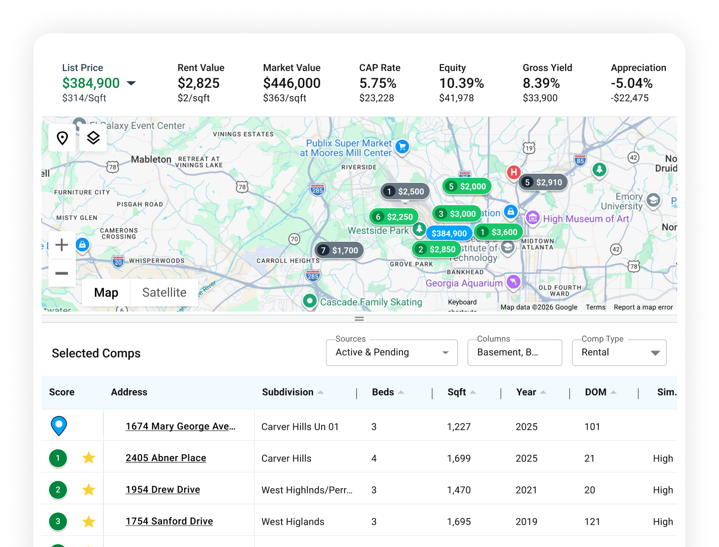 Entera Discovery and Decisioning view with map and selected comps