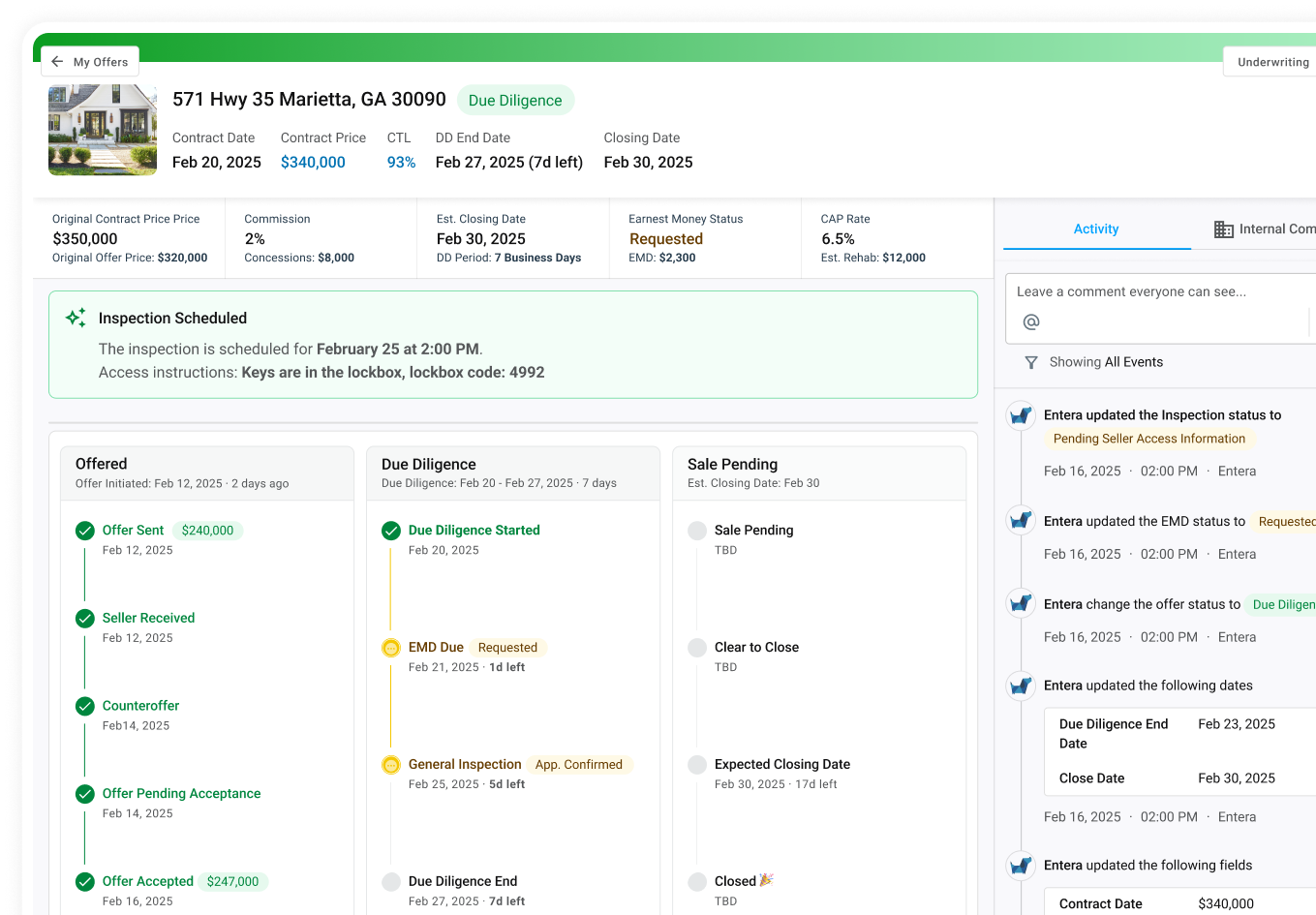 Entera Transaction Enablement view with offer pipeline and activity feed