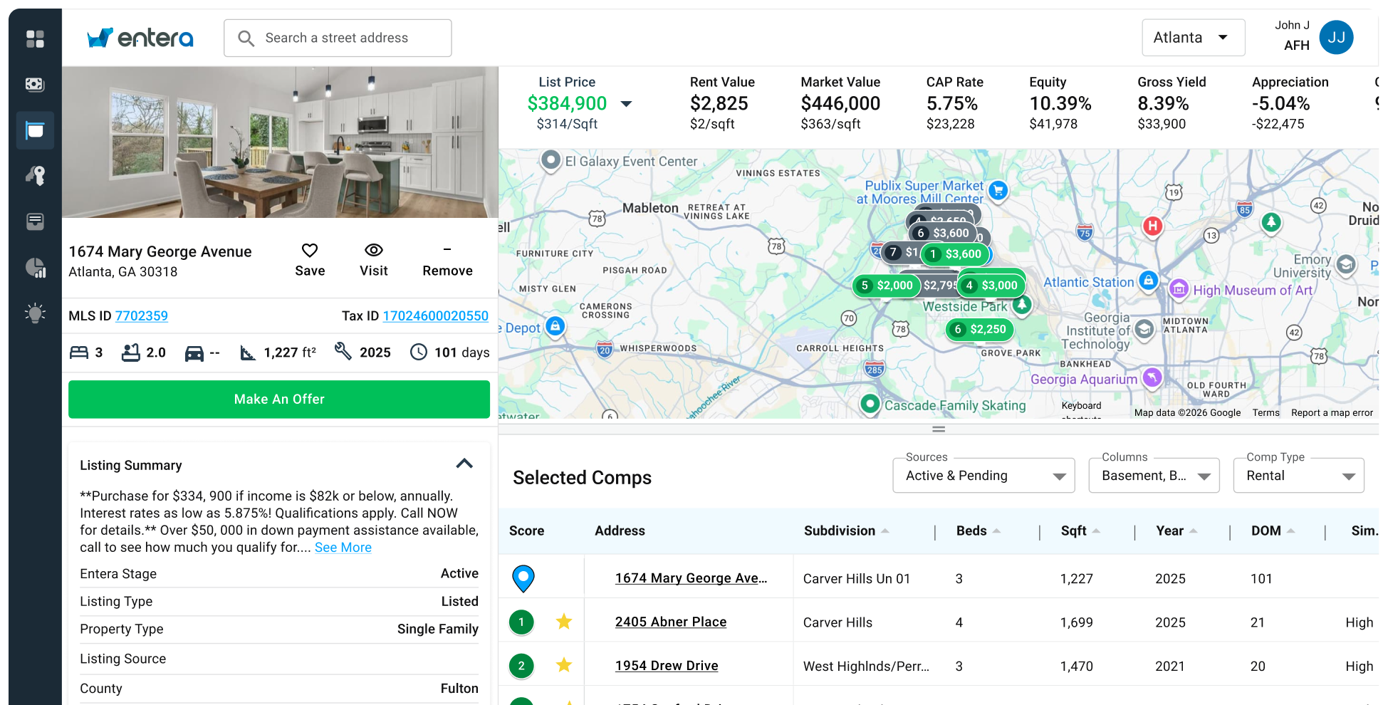 Entera acquisitions dashboard with sidebar, listing details, map, and selected comps