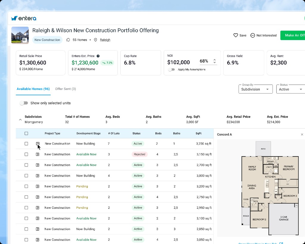 Entera new construction portfolio dashboard with available homes and floor plan details