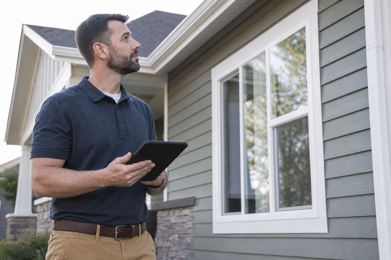 Field service professional inspecting a single-family home