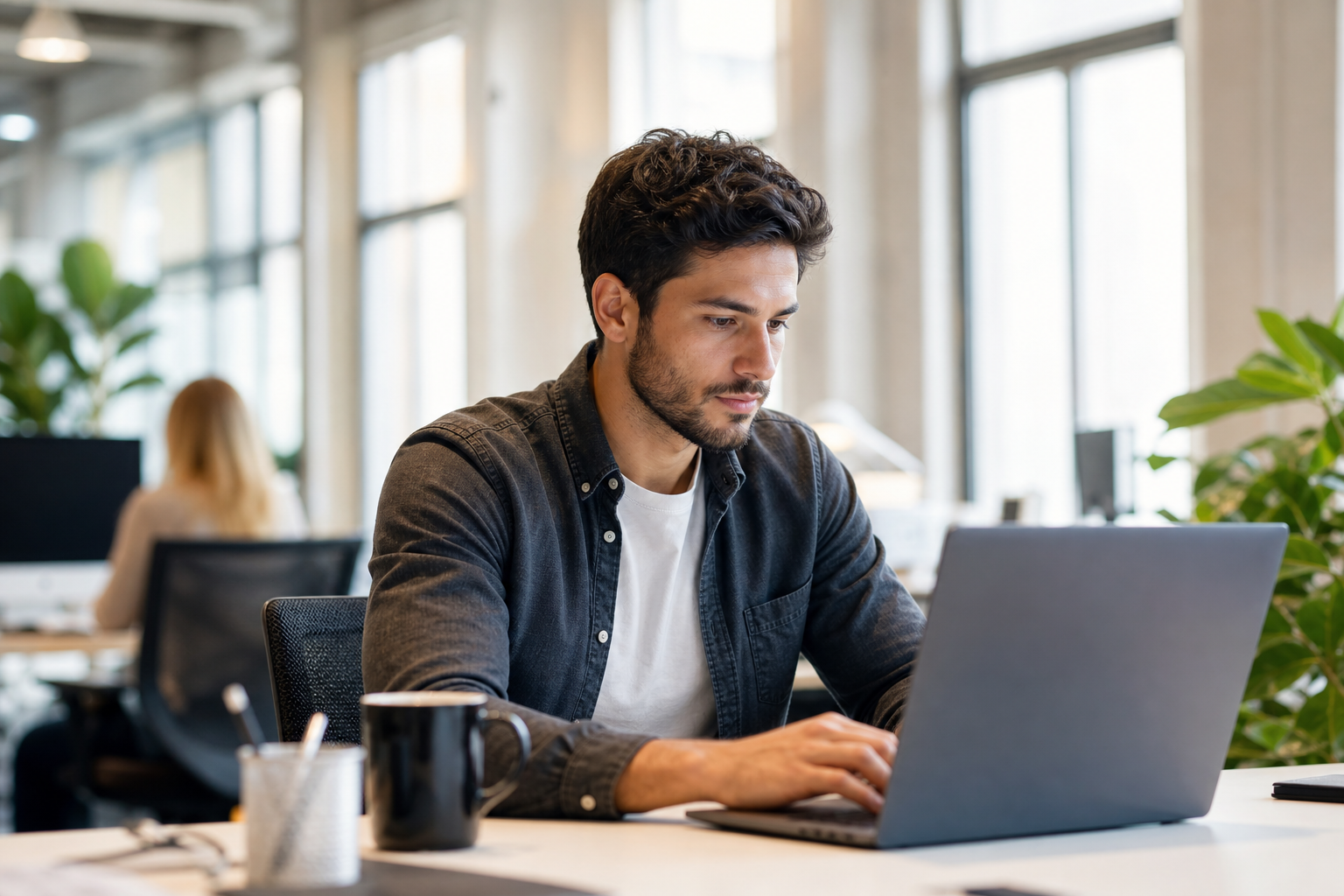 Software developer working at a laptop in the office