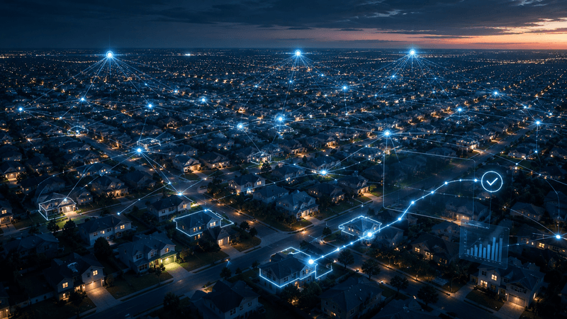 Suburban neighborhood with digital network overlay