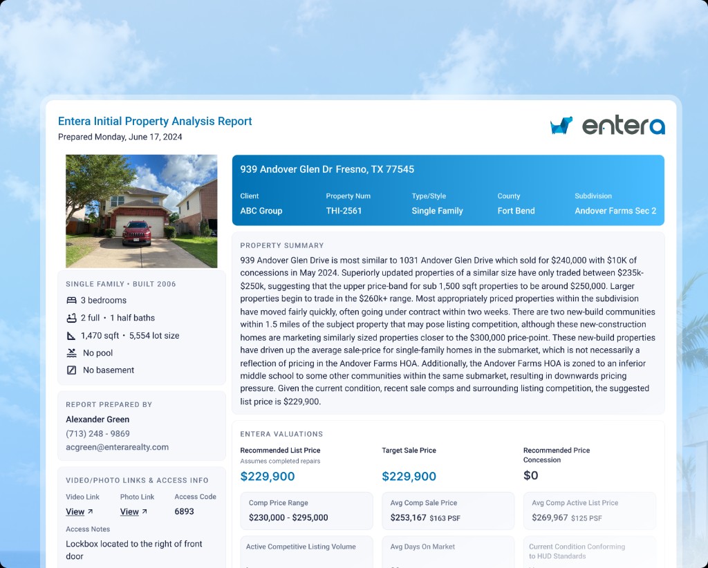 Entera initial property analysis report showing valuations, comps, and market data