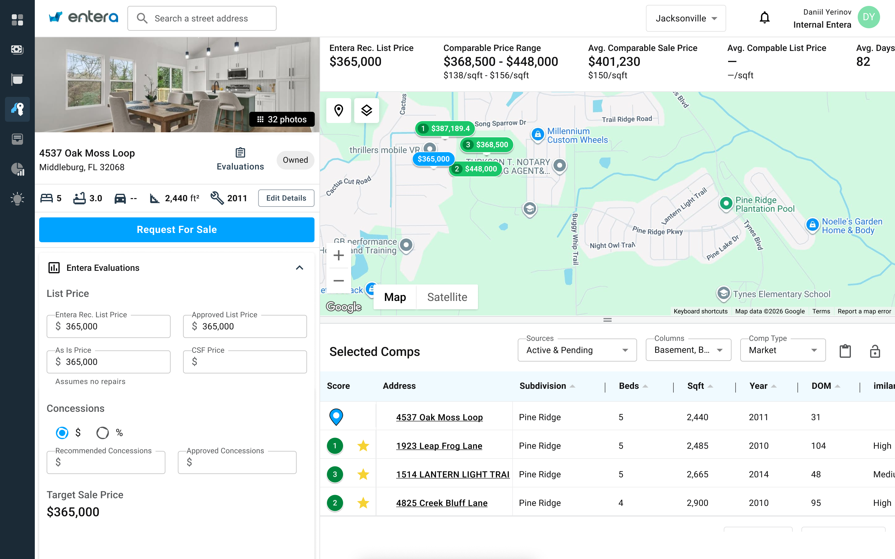 Entera pricing and comparable sales for a property listing with map and comps