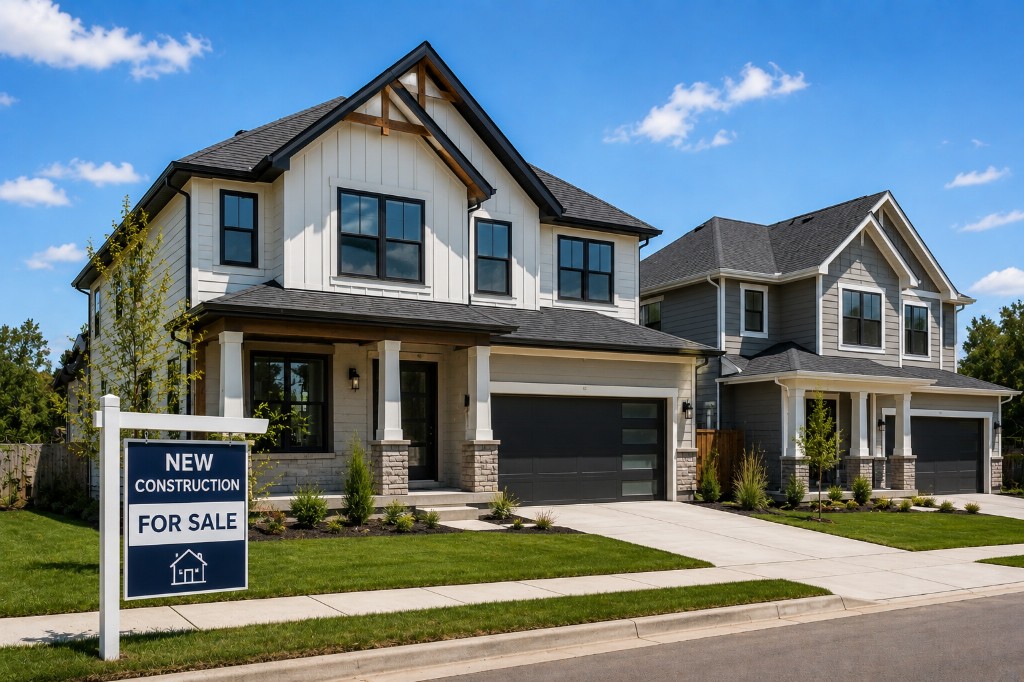 Two new construction homes with a for sale sign in the front yard