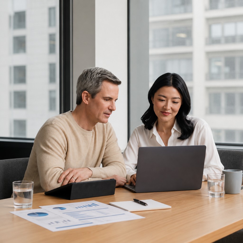 Two colleagues reviewing property data together on a laptop