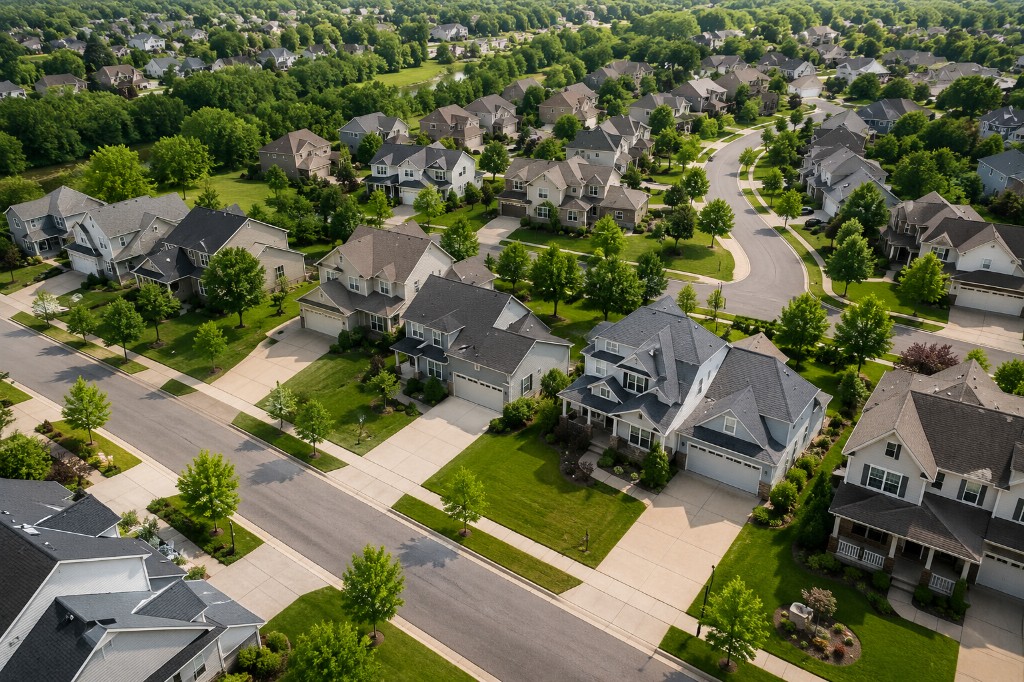 Aerial view of a modern suburban neighborhood with single-family homes