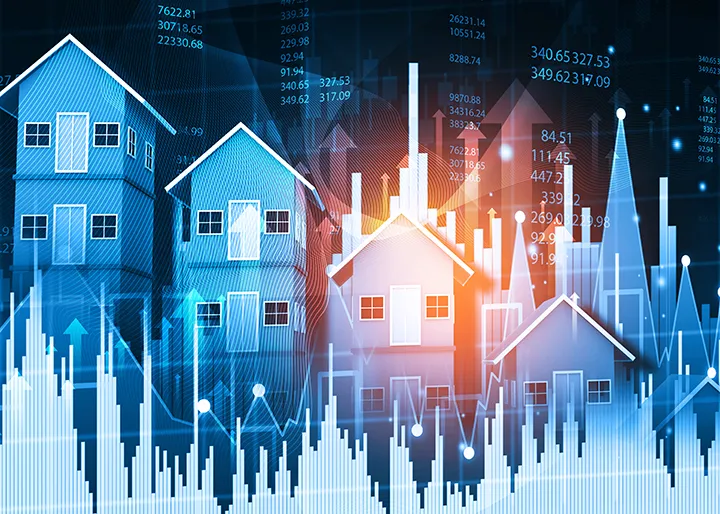 Digital illustration representing real estate data analytics with house icons and financial charts